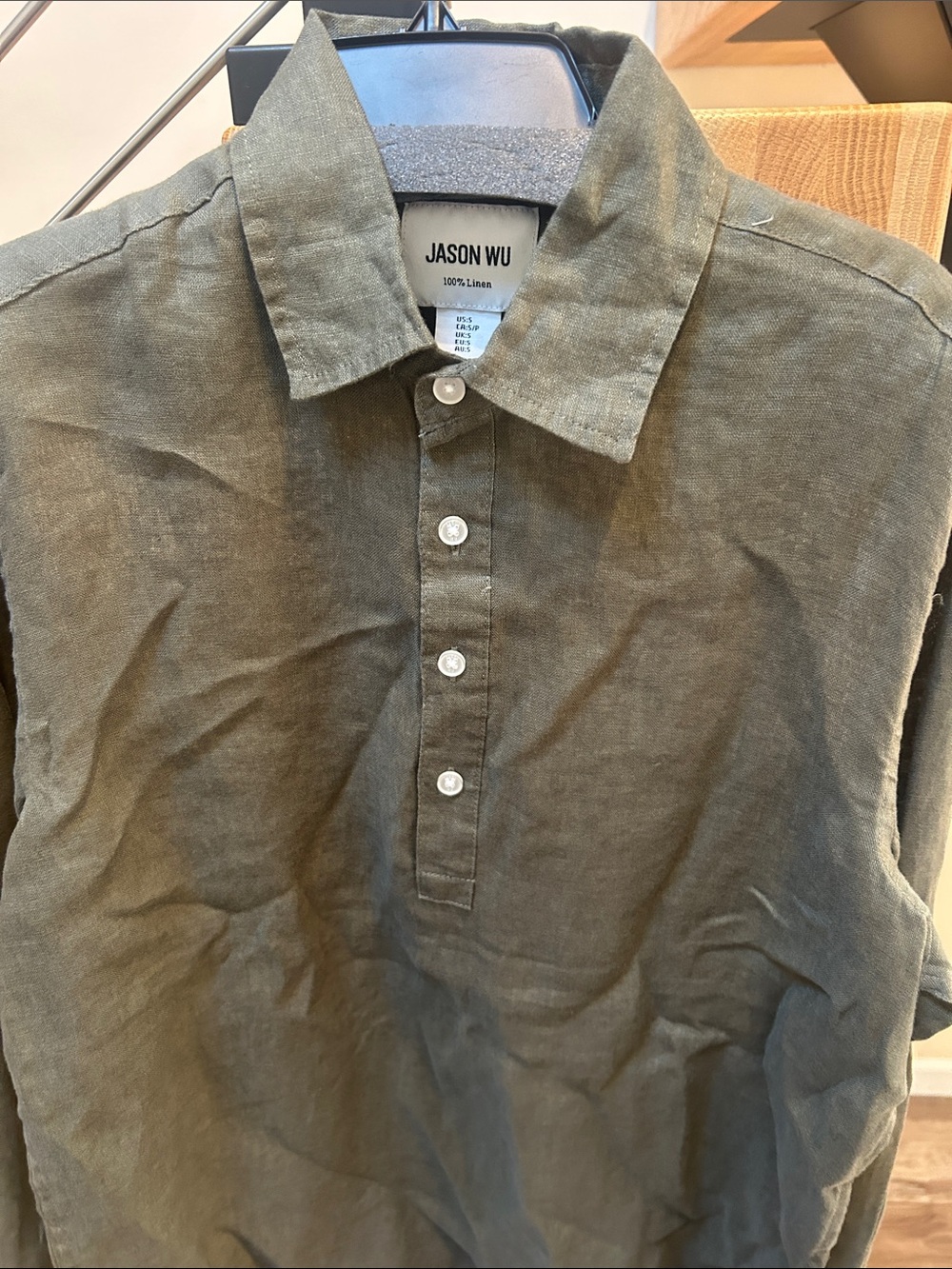 Jason Wu Olive Button-Front Linen Polo Shirt